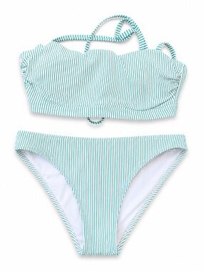 Shade & Shore Striped Bikini Set 36C Top Medium Bottoms Teal White